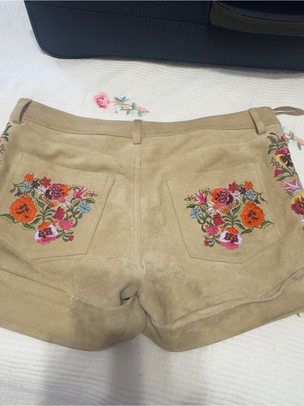 Haute Hippie Tan Suede Shorts with Colorful Floral Embroidery - Picture 3 of 5